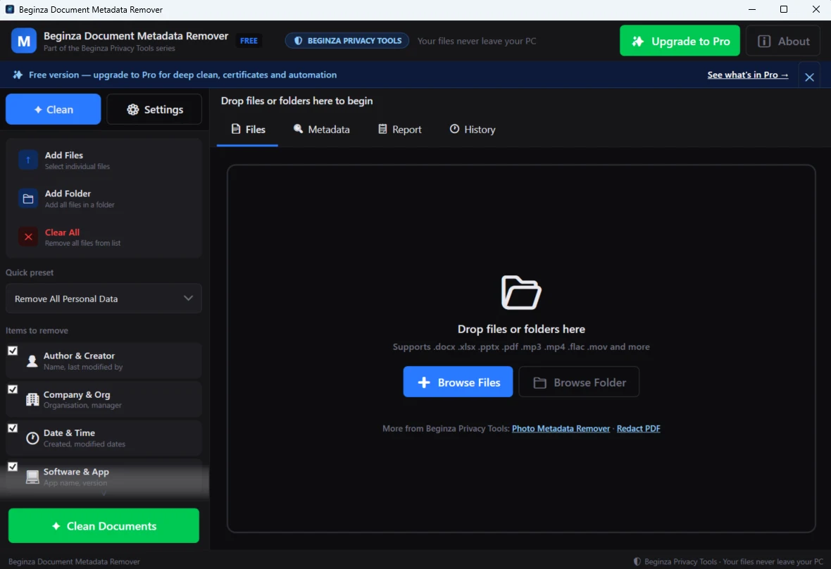 Beginza Document Metadata Remover: add files or a folder, choose what to remove — author, company, dates, software — and clean