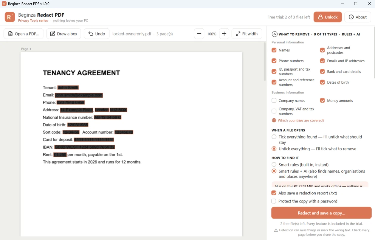 Redact PDF with a tenancy agreement open; names, address, phone, bank and card details are boxed for removal